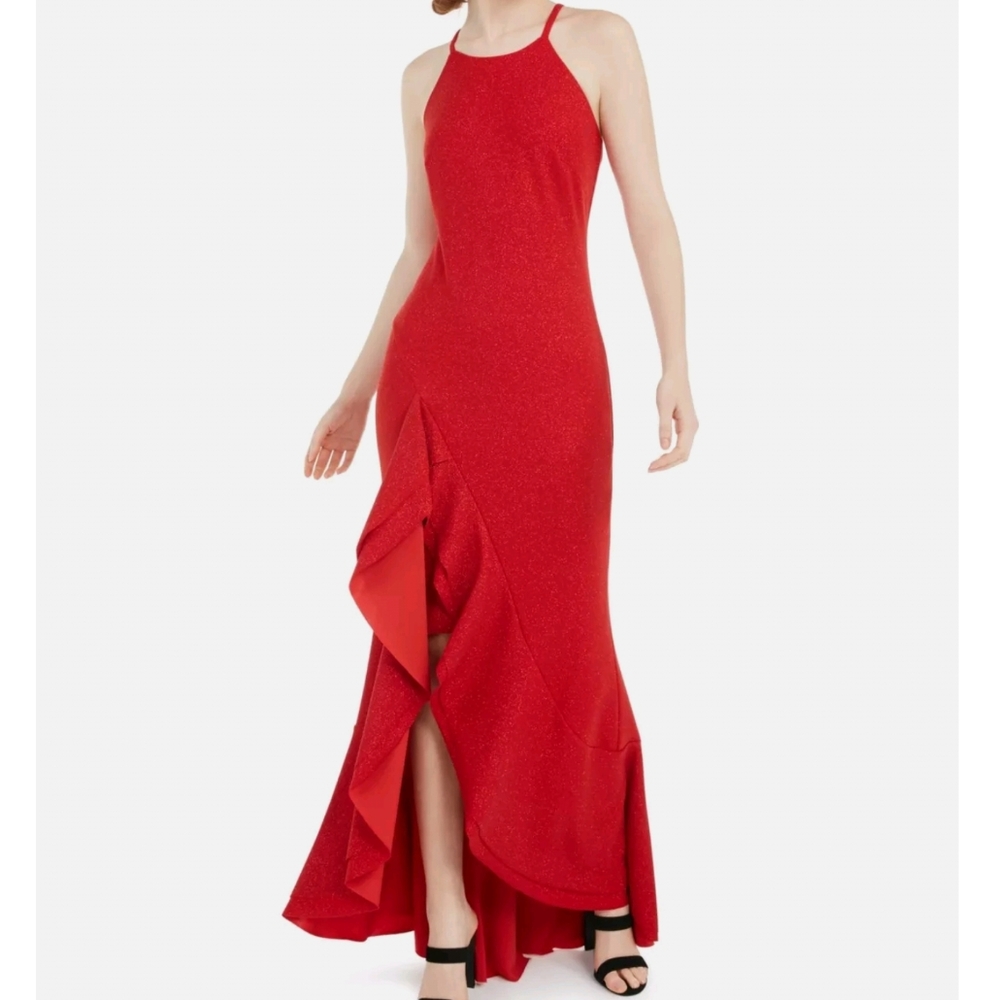 BEBE Womens Red Glitter Ruffled Halter Full-Length Formal Dress Juniors …